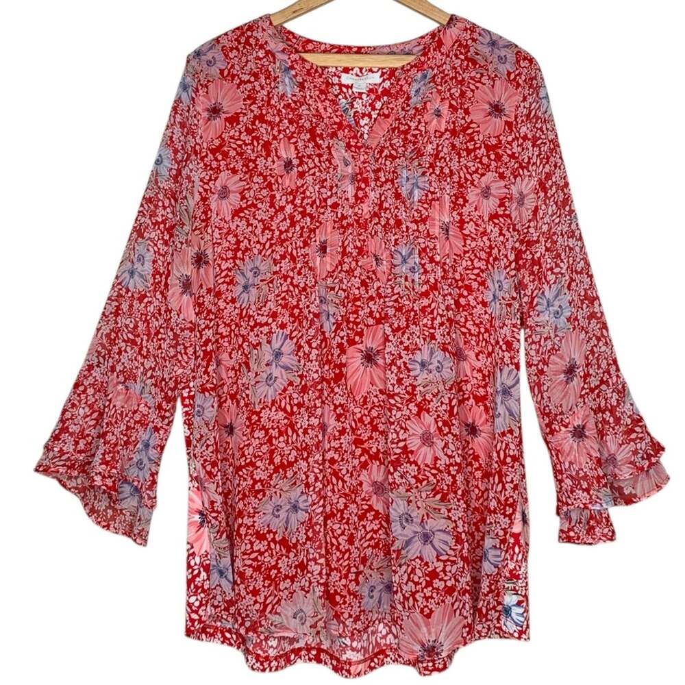 Charter Club Pintuck Floral Top XL Ruffle Bell Sleeve Red Pink Blouse Boho Chic